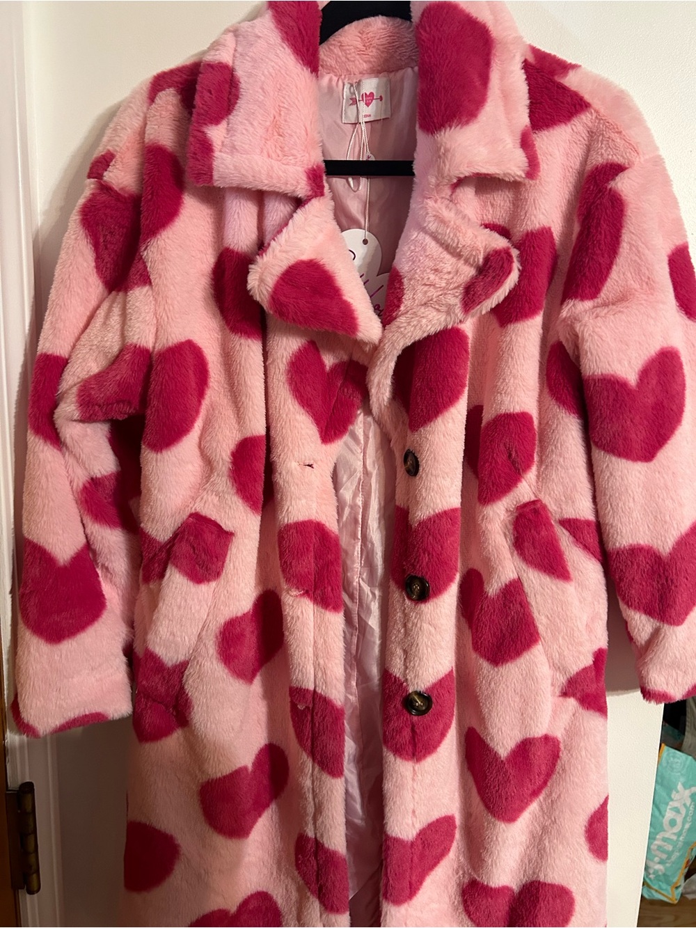 Buddy Love Pink Faux Fur Coat with Dark Pink Heart Print - Picture 3 of 10